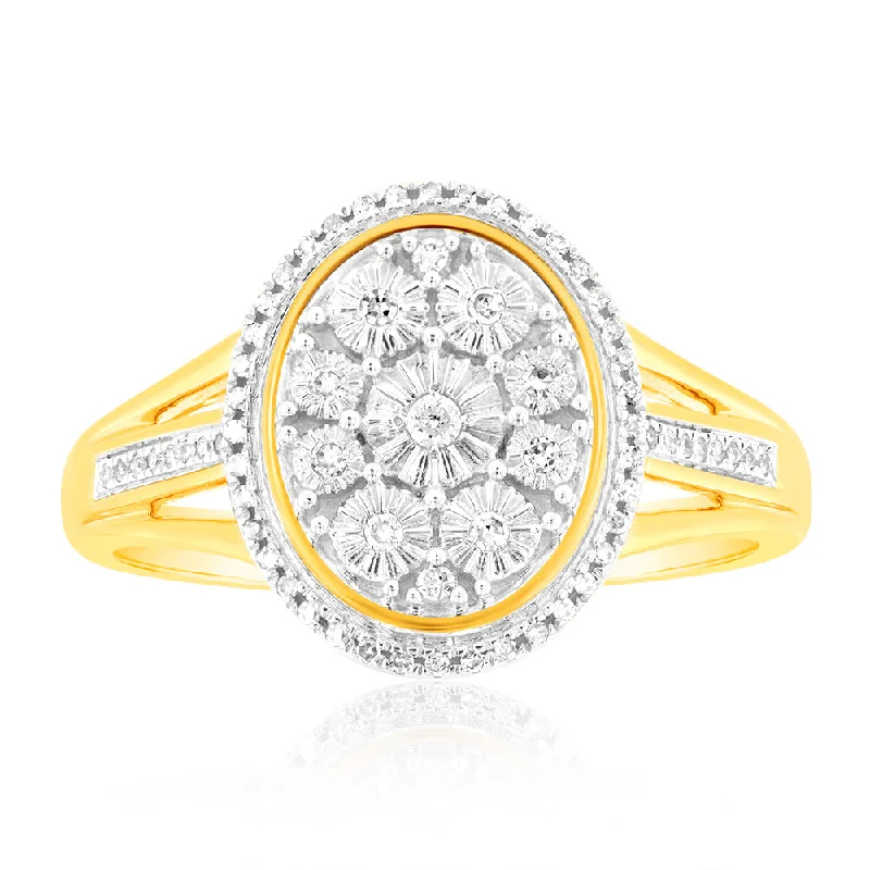 9ct Yellow Gold 1/10 Carat Diamond Ring set with 64 Round Brilliant Cut Diamonds