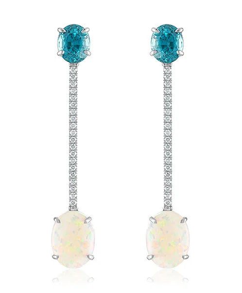 women’s simple gold earrings-Blue Zircon and Opal Earrings with Diamonds 86-JSA