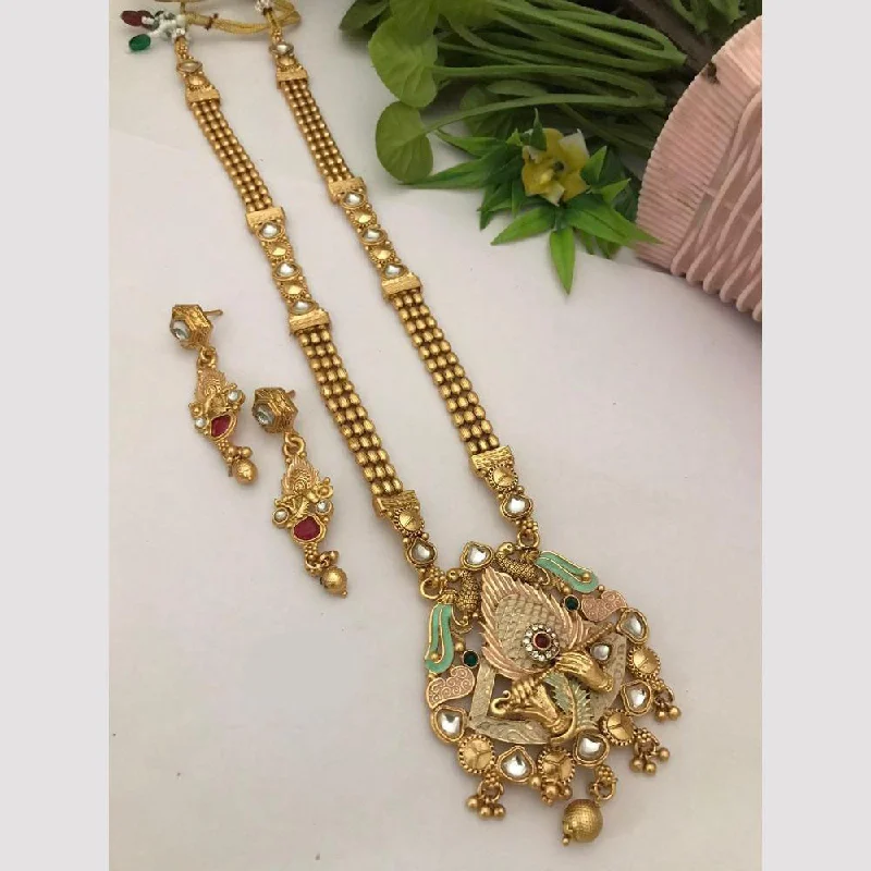 women’s chunky necklace-FS Collection Gold Plated Kundan Stone And Meenakari Necklace Set