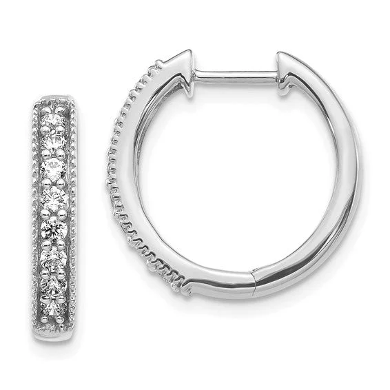 women’s colorful gemstone earrings-14k White Gold Diamond Milgrain Hinged Hoop Earrings