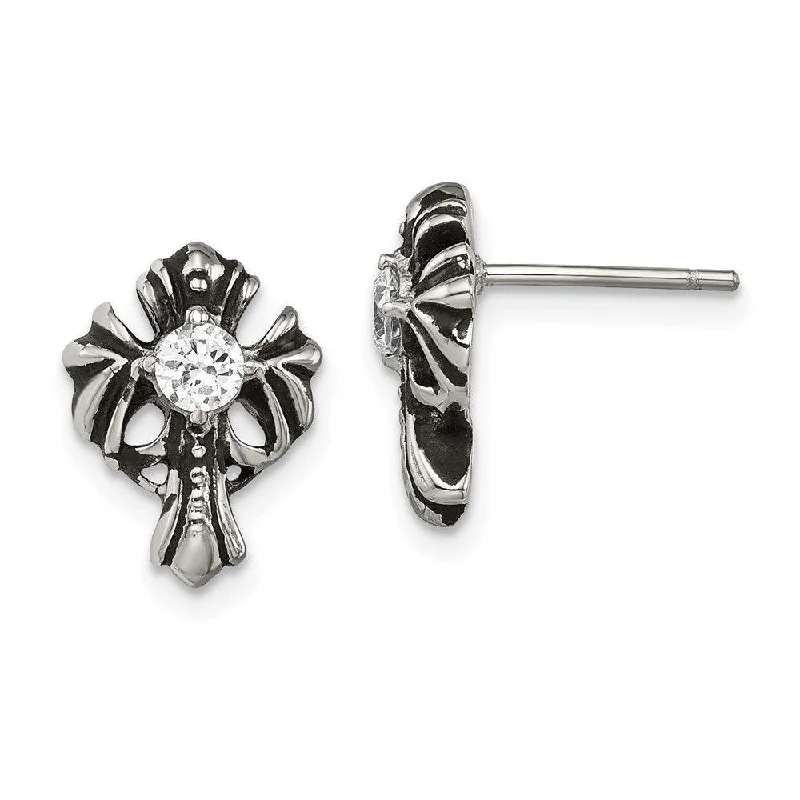 women’s 3-stone earrings-Stainless Steel Antiqued Cross with CZ Post Earrings