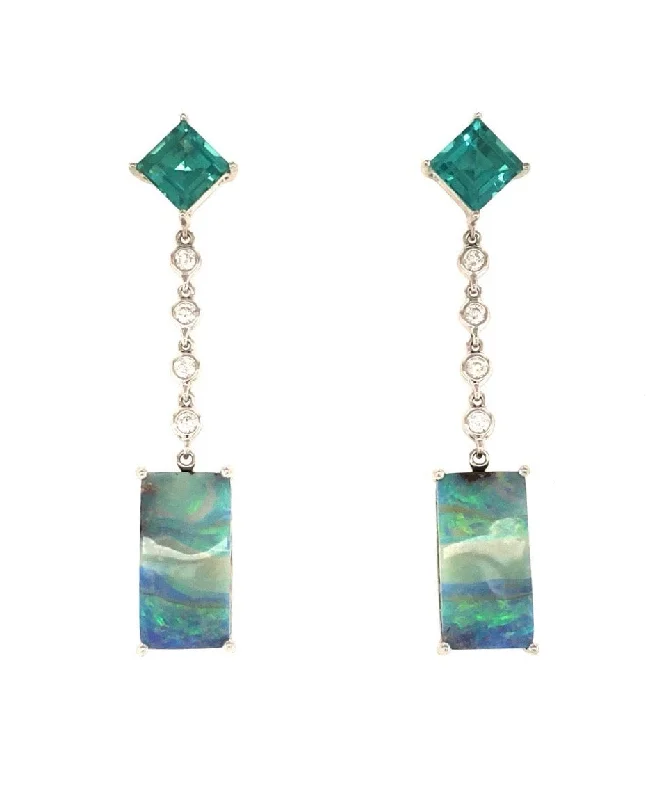 women’s hoop and stud earrings-Blue Green Tourmaline and Australian Boulder Opal Earrings with Diamonds 1-JSA