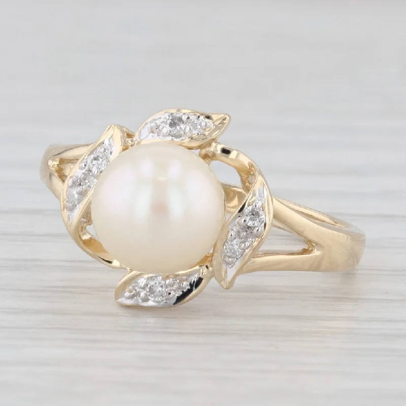 Cultured Pearl Diamond Ring 14k Yellow Gold Size 6.75