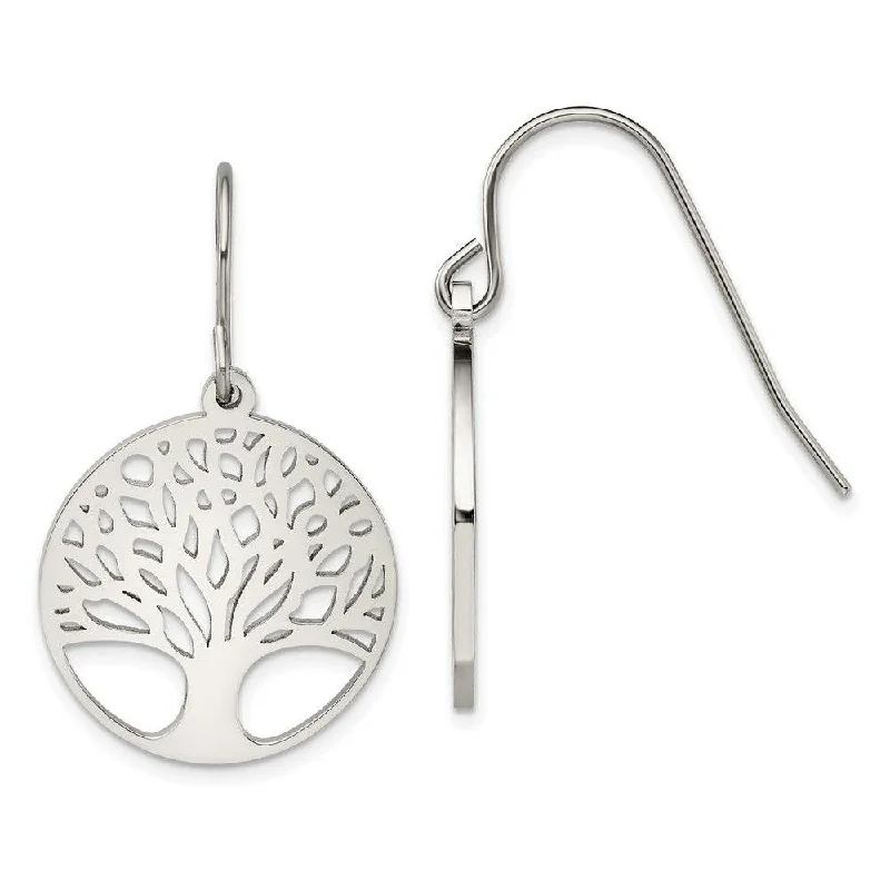 women’s silver earrings-Stainless Steel Polished Tree of Life Cut-out Shepherd Hook Earrings