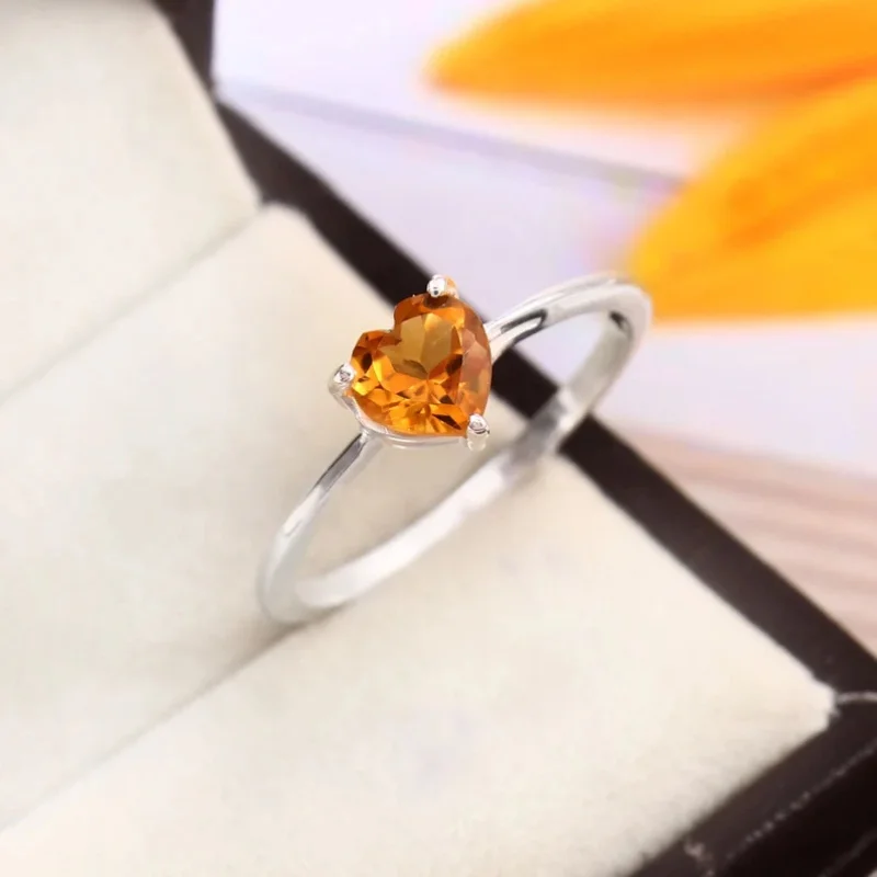 women’s wedding ring-925 Silver Heart Shaped Citrine Bright Yellow AD Ring