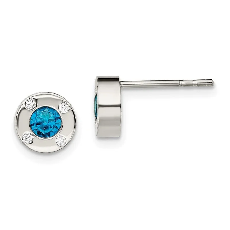 women’s multicolor earrings-Stainless Steel Polished Blue and Clear CZ Post Earrings