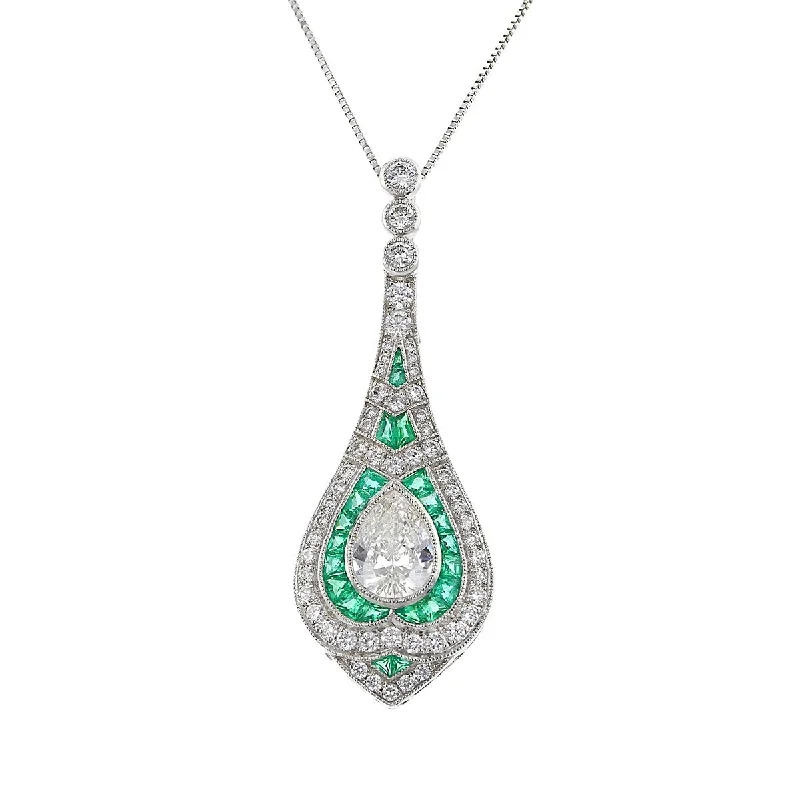 women’s wedding day necklace-Platinum Diamond and Emerald Pendant Necklace