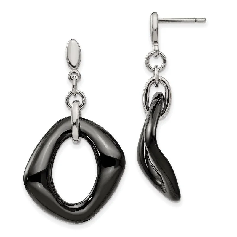 women’s feather earrings-Stainless Steel Polished Black Ceramic Post Dangle Earrings