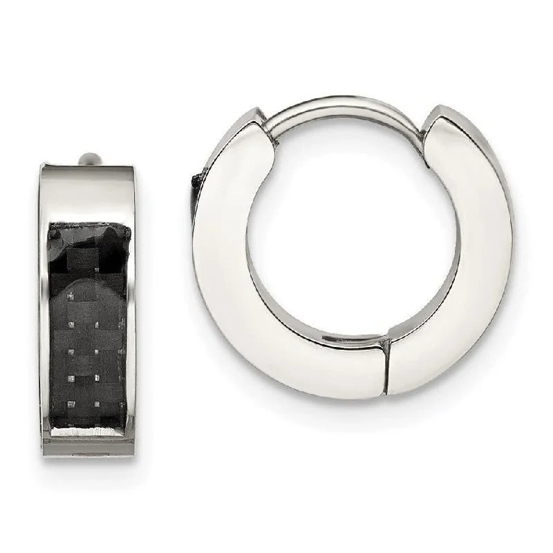 women’s birthday earrings-Stainless Steel Polished with Carbon Fiber Inlay 4mm Hinged Hoop Earrings