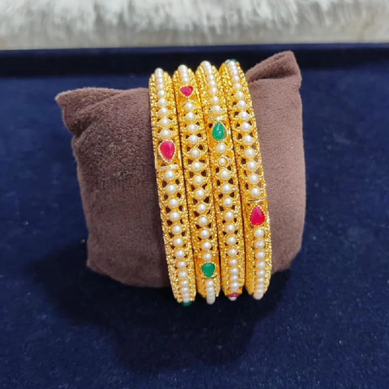 women’s custom engagement rings-women’s chunky bracelet-Pooja Bangles Gold Plated Crystal Stone And Pearls Bangles Set