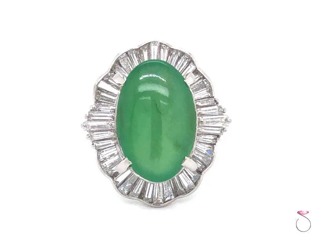 Vintage Grade A Apple Green Jadeite Jade Ballerina Diamond Ring, GIA Jade Report