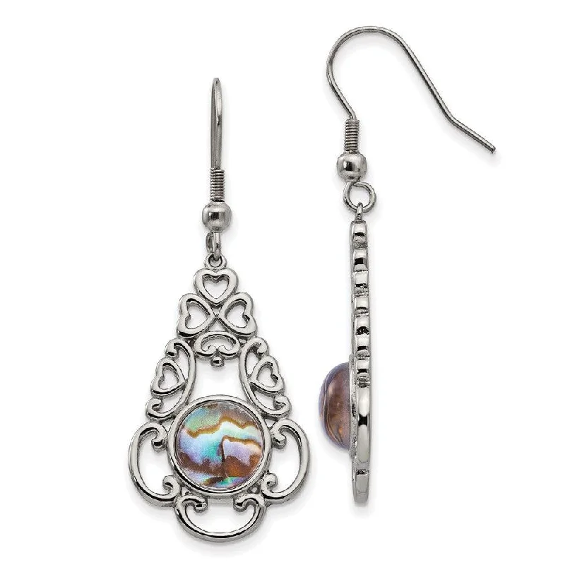 women’s 3-stone earrings-Stainless Steel Polished Imi. Abalone & Glass Shepherd Hook Earrings