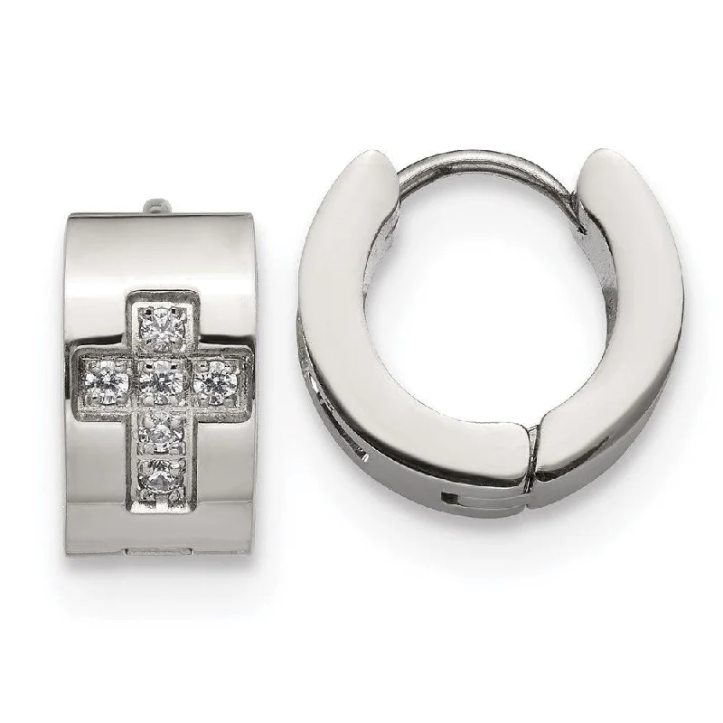 women’s luxury earrings-Stainless Steel CZ Cross Hinged Hoop Earrings