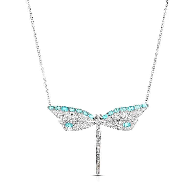 women’s gold bar necklace-Platinum Diamond and Tourmaline Dragonfly Necklace