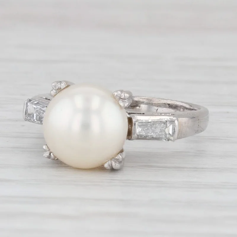 Vintage Cultured Pearl Diamond Ring 18k White Gold Size 6.5