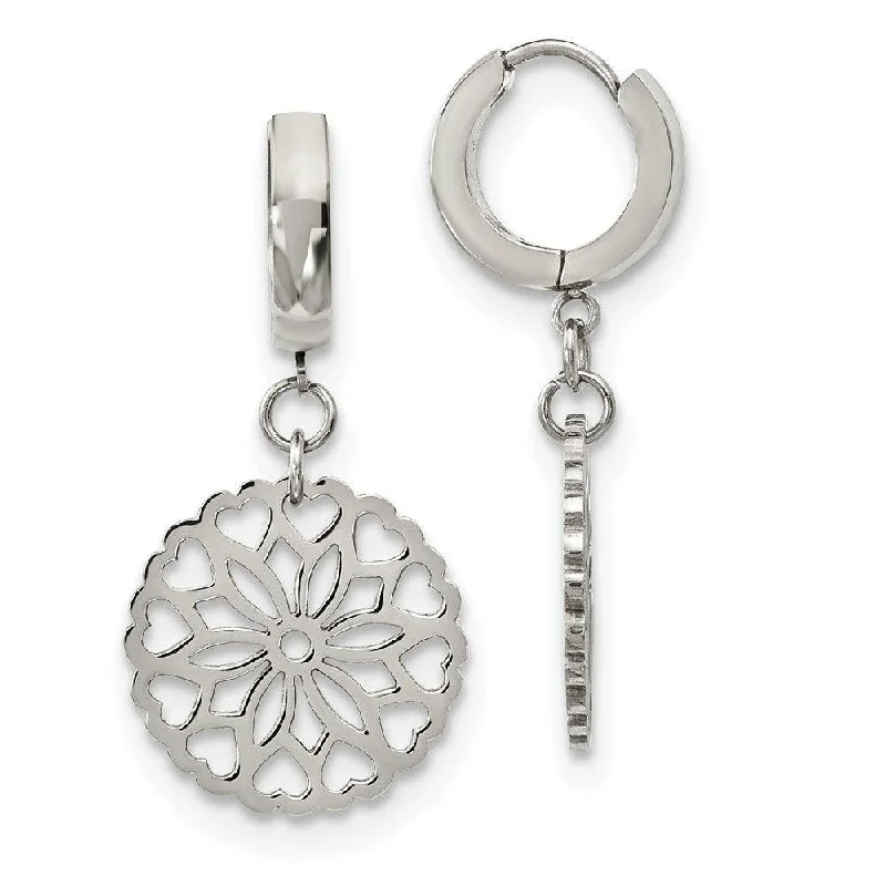 women’s cubic zirconia earrings-Stainless Steel Polished Flower Hinged Hoop Dangle Earrings