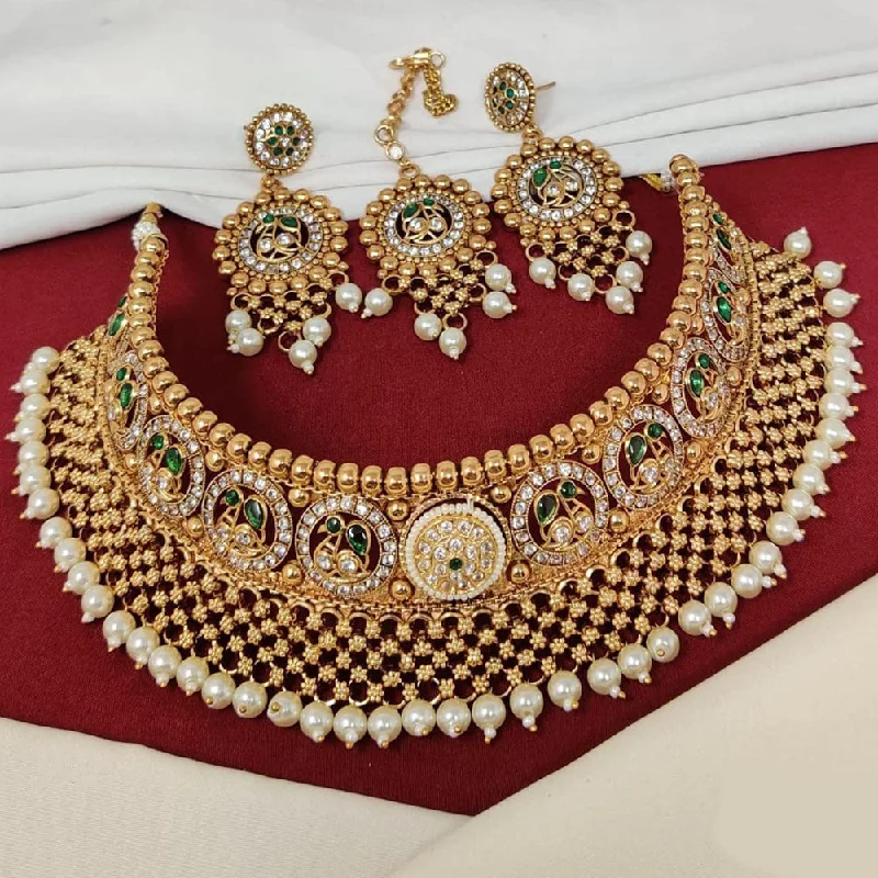 women’s birthstone pendant necklace-Manisha Jewellery Gold Plated Pota Stone And Pearls Choker Necklace Set