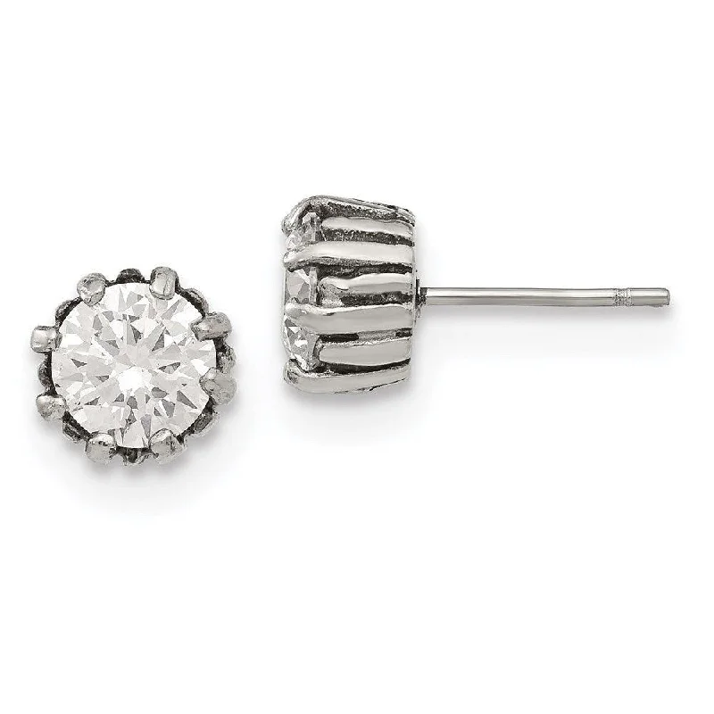 women’s vintage earrings-Stainless Steel Antiqued and Polished CZ Post Earrings