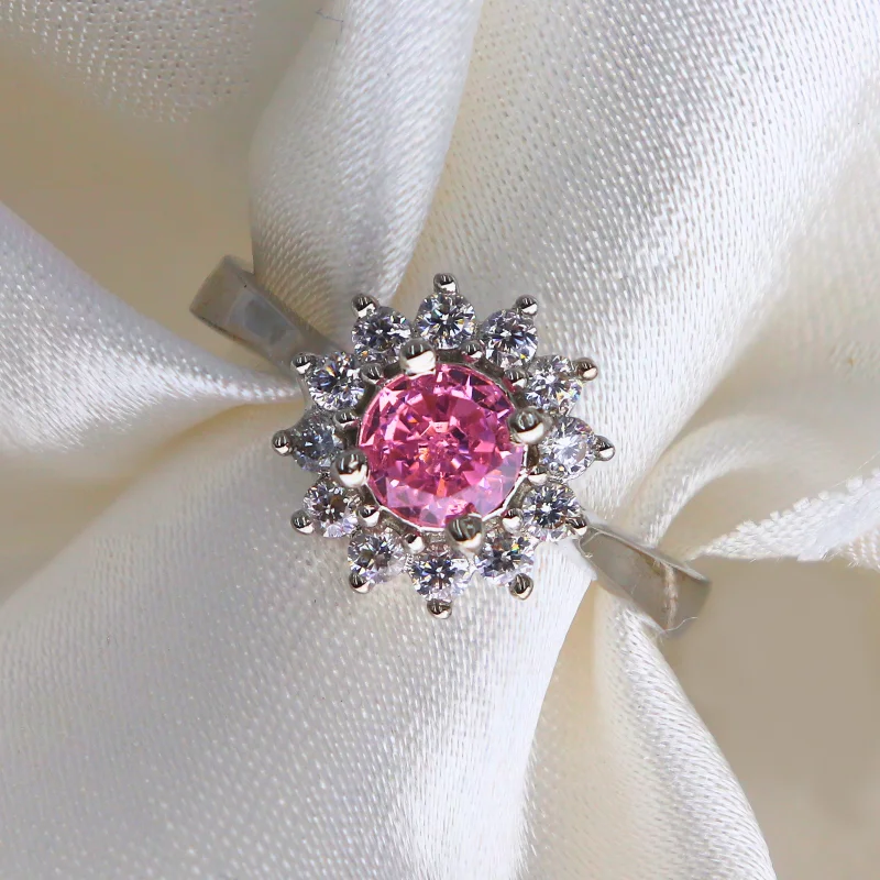 women’s silver ring-Flower Shaped Pink Crystal Adjustable 925 Silver Ring