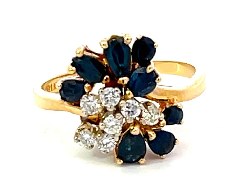 Pear Shaped Blue Sapphires and Diamond Ring in 14k Yellow Gold