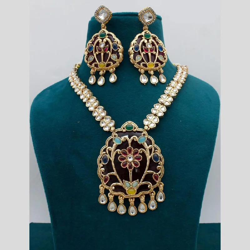 women’s trendy necklace-JCM Gold Plated Kundan Stone Necklace Set