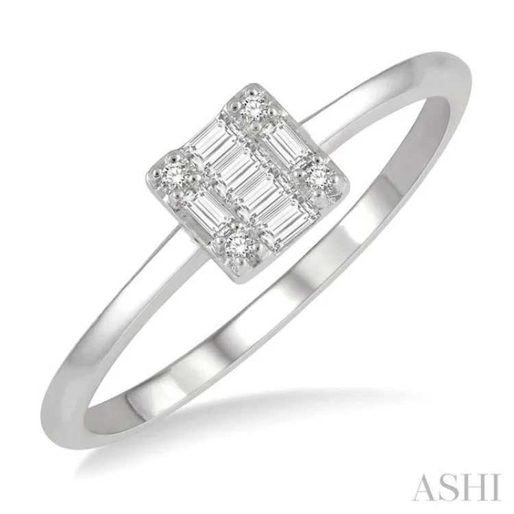 women’s contemporary rings-1/8 Ctw Square Shape Baguette and Round Cut Diamond Petite Fashion Ring in 14K White Gold