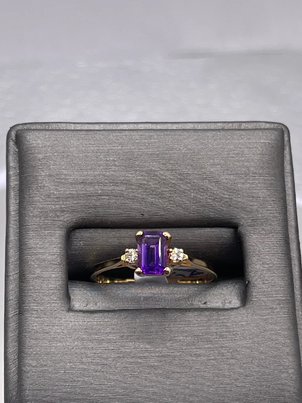 14 Karat Yellow Gold Emerald Cut Amethyst & Diamond Ring Amethyst With Diamond Accent Ring