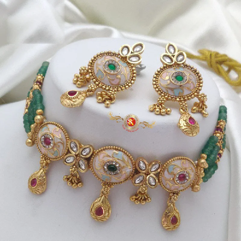 women’s statement necklace-Akruti Collection Gold Plated Pota Stone And Pearls Meenakari Choker Necklace Set