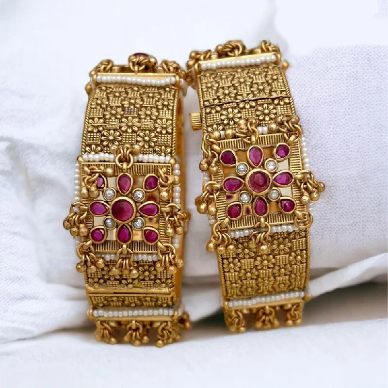 women’s classic engagement rings-women’s ruby bracelet-Jewel Addiction Gold Plated Rajwadi Finish Pota Stone Openable Bangle Set