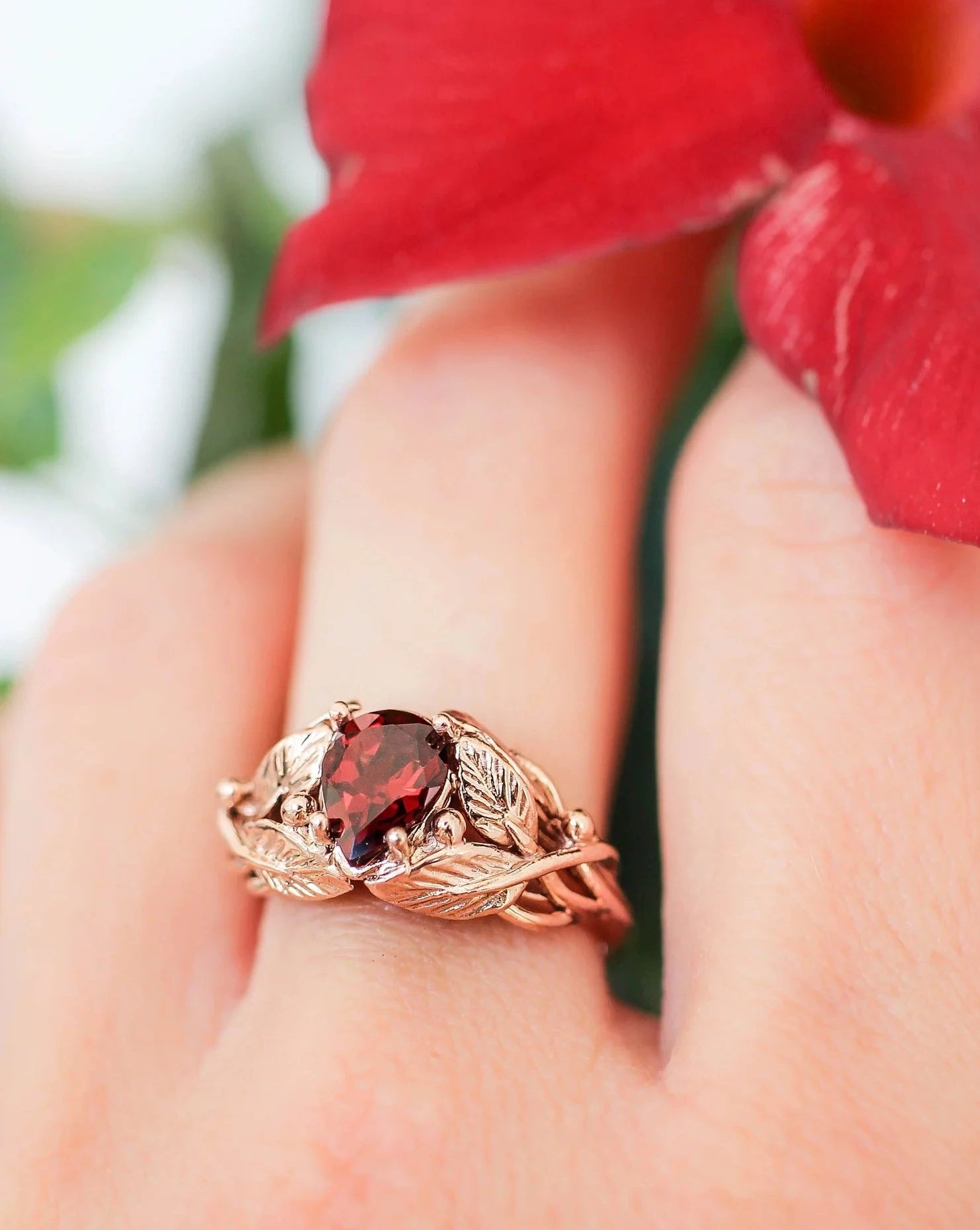 women’s birthday rings-Mary jane Leaves Garnet Ring